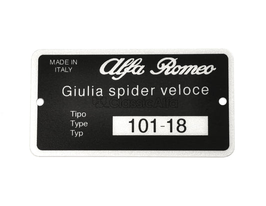 101-627 TYPE PLATE GIULIA 1600 SPIDER VELOCE 101.18