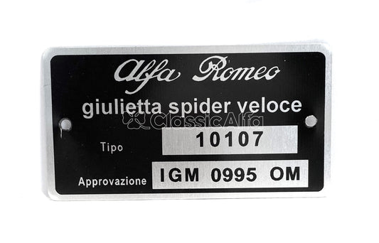 101-629 TYPE PLATE GIULIETTA 1300 SPIDER VELOCE 101.07 