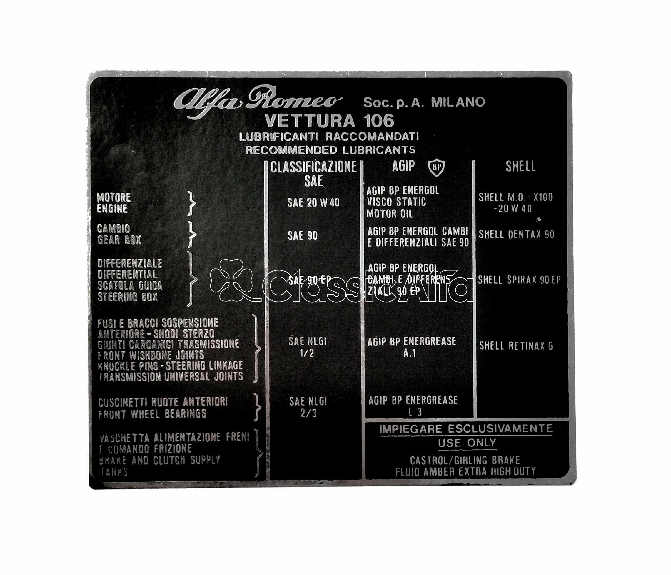 2600-079 LUBRICANT STICKER 2600 (106) MODELS – Classic Alfa